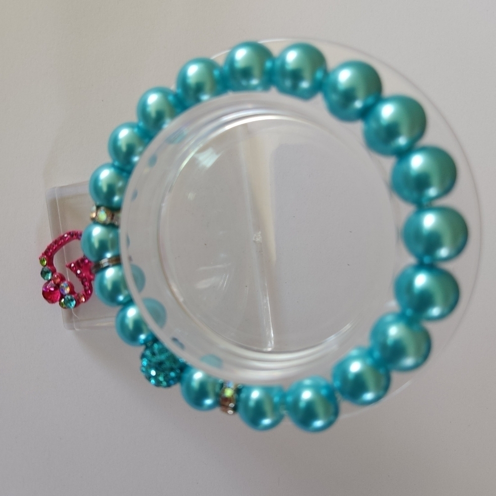 Hand Crafted Stretch Pearl Charm Bracelet Beaded Turquoise Rose Heart - Picture 6 of 7
